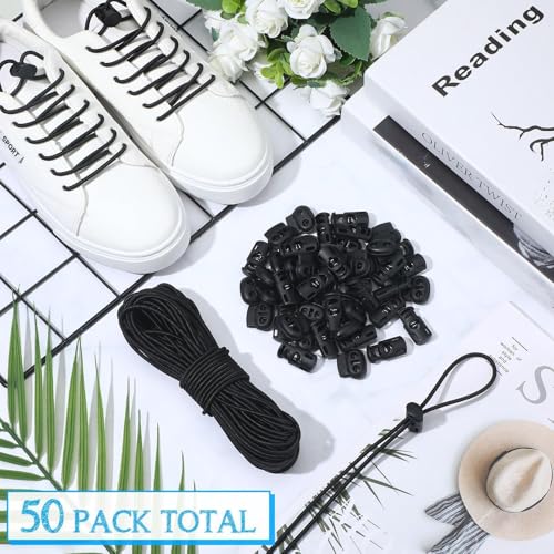 Patelai 50 Pieces Cord Locks Spring Toggles Stoppers Plastic Single Hole End Stopper Slider and 1/8 Inch 66 Feet Elastic Bungee Cord for Drawstring Shoelaces Clothing Bags(Black, Simple Style) - size: Black, style: Simple Style