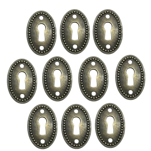 Oval Stamped Antique Brass Decorative Keyhole Cover Plate, Keyhole Escutcheon Plate for Cabinet, Door, Dresser, Drawers, Desk Furniture Hardware 10 Pack