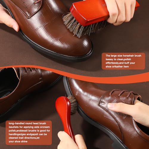 Horsehair Shine Shoes Brush Kit, Horse Hair Brush for Leather, Cleaning Leather Shoes Boots Care Brushes with Microfiber Shoe Cloth, Horsehair Brush (L, Count, 5)