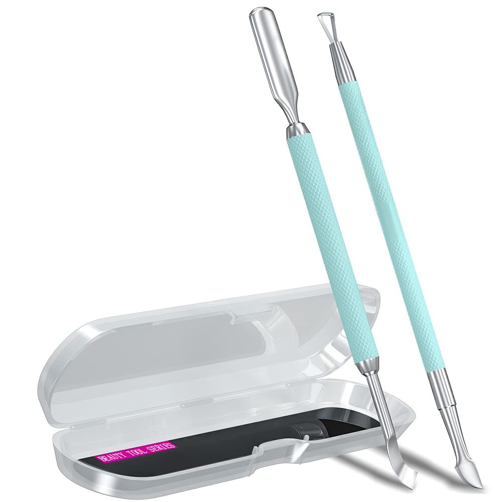 2Pcs Metal Teal Cyan Cuticle Pusher And Cutter Remover Salon Stainless Steel Gel Nail Polish Peeler Scraper Durable Professional