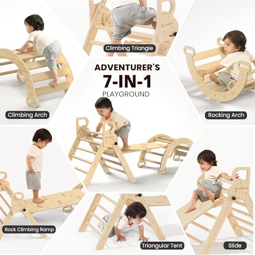 BlueWood Pikler Triangle Set, Toddler Climbing Toys Indoor 7in1 Foldable | Wooden Climber for Kids, Montessori Philosophy Play Jungle Gym with Arch, Ramp, Ladder (Natural) - color: Natural