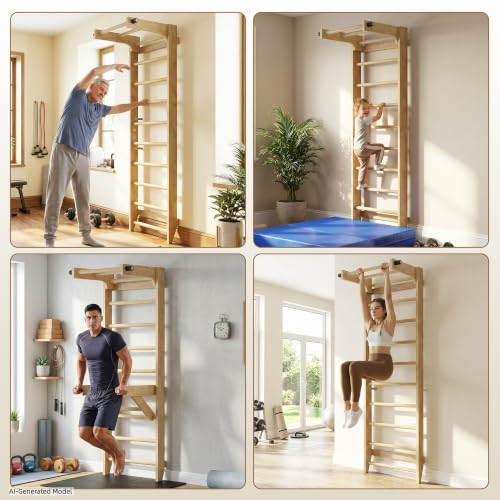 Swedish Ladder Wall Bar with Adjustable Pull-Up Bar | Solid Wood Construction, 10 Pine Rungs, All Ages, for Home, School, Gymnastics Training