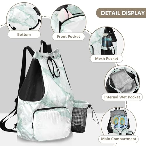 Drawstring Climbing Gym Bag With Inside Pockets Drawstring Bags with Wet Dry Compartments Light Green Luxury Marble Texture