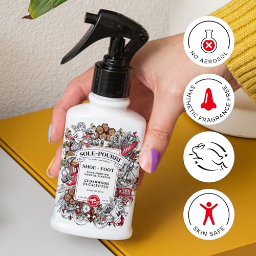 Sole-Pourri Shoe Deodorizer + Foot Spray, 3.4 Fl Oz, Up to 150 Uses, Funk-Fighting Odor Freshener with Essential Oils, for Smelly Shoes, Feet & Gym Bags, Cedarwood & Eucalyptus Scent - size: 1 Ounce (Pack of 1), style: Cedarwood Eucalyptus