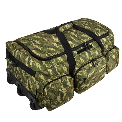 120L 3 Wheel Tactical Rolling Duffle Bag, Heavy Duty Military Deployment Luggage, 900D Waterproof Duffel for Camping Travel Outdoor Sports - color: Camo Light Green
