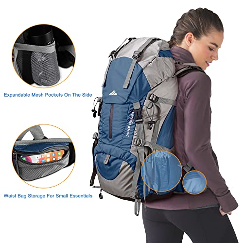 Loowoko 50L Hiking Backpack, Waterproof Camping Essentials Bag with Rain Cover, 45+5 Liter Lightweight Backpacking Back Pack - color: Dark Blue