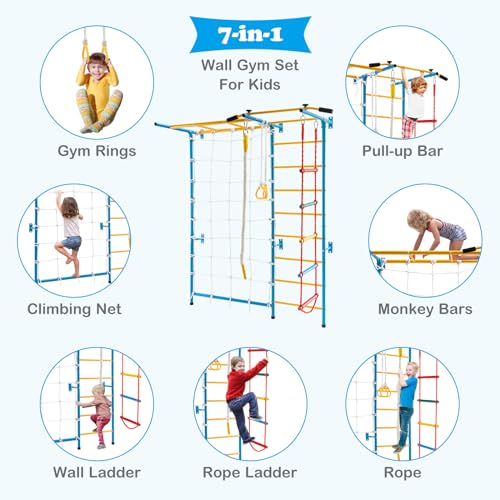 HONEY JOY Climbing Toys for Toddlers, Upgrade Metal Indoor Kids Gym for Solid Wall, Playground and Climbing Exercise Set with Rope Ladder, Pull-up Bar, Monkey Bars, Gymnastic Rings (7 in 1) - size: 7 In 1