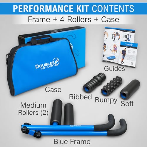 DoubleUP Roller D5 Leg & Arm Massager, Metal Frame, 5 Rollers & Case, Blue | 3X Lever-Action Pressure Control. 5 Quick-Change Rollers + Storage Case. IT Bands, Calves, Quads, Hamstrings, Thighs, Arms. - color: Blue