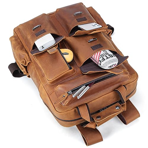 Polare Cowhide Leather Multiple Laptop Backpack Day Pack Travel Bag Satchel For Men - color: Light Brown