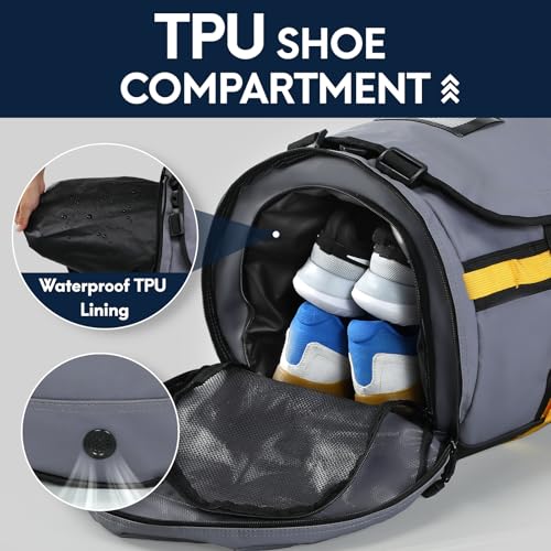 Haimont Heavy Duty Convertible Travel Duffel Backpack, Grey, 45L | Shoe Compartment, Water-Resistant Tarpaulin, Wide U-Shaped Opening - color: Grey, size: 60L