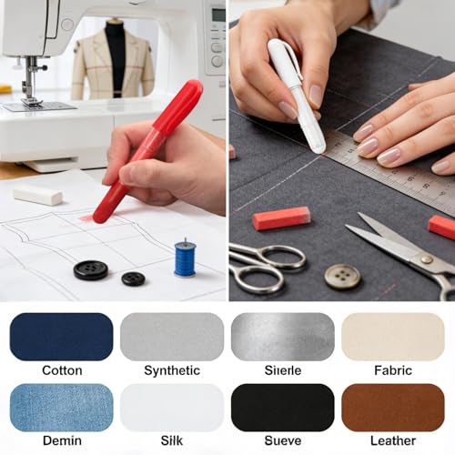 2 PCS Sew Fabric Chalk Markers, Red & White Fabric Chalk Pencil Erasable Tailor Chalk for Sewing and Quilting, Crafting, Erase Tailors Liner Pen for Cloth, Leather