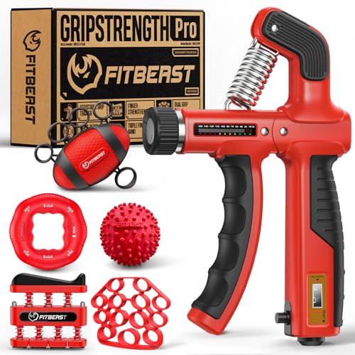 FitBeast Grip Strength Trainer, Hand Gripper Strengthener Kit - 6 Pack with Adjustable Resistance Forearm Strengthener, Forearm Exerciser and Massage Balls for Hand Therapy, Grip Training - color: Red