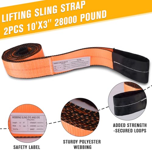 2PCS 3" x10Ft Lift Sling Straps 28000LBS Heavy Duty Tow Strap | Heavy Duty Nylon Webbing Sling,28000 LBS Capacity Eye-to-Eye Lifting Straps for Hoist,Winch,Tree Saver & Recovery Towing