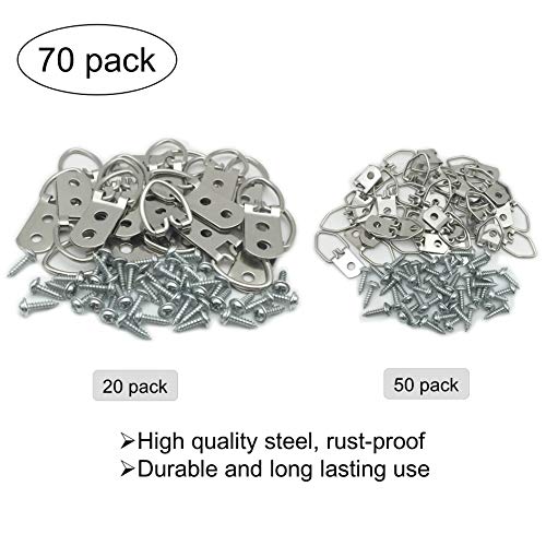 70 Pack Heavy Duty D-Ring Metal Picture Hangers with Screws(Silver) | 2 Sizes Metal Clasp Picture Hanging Kit, Frames Hangers, For Photo Frames, Artwork, Paintings, Clock, Canvas Hooks, Mirrors - size: 70 Pack-D Ring