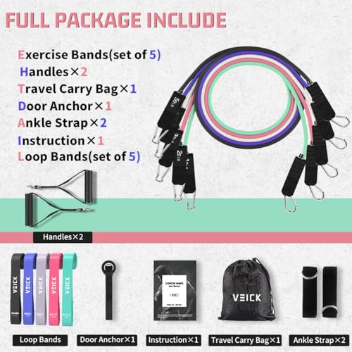 VEICK 10-150LBS Resistance Bands with Handles, Ankle Straps, Door Anchor | Accredited Lab Certified, 100% Natural Latex, Versatile for Yoga, Pilates, Strength, Home Gym - color: Macaron 2, style: 10-150LBS + 5 Loop Bands