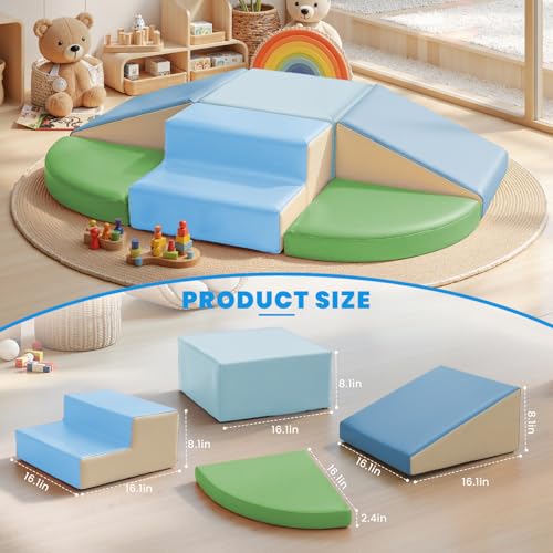 Hoohtoot PU Leather Foam Blocks for Toddlers: 6-Piece Indoor Climbing Play Set - Soft Climbing and Sliding Blocks - Baby Learning Gym - Toddler Activity Structure for Preschool - style: Blue/Green