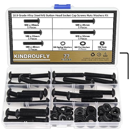 77 Pieces Black M8 x 30/35 /40/45 /50 mm Button Head Socket Cap Screws Nuts Washers Assortment Kit, 10.9 Grade Alloy Steel - size: M8 x 30/35/40/45/50mm, style: Button Head