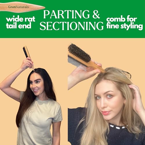 GranNaturals Boar Bristle Slick Back Hair Brush w/ Comb for Smoothing Sleek Ponytail Bun - Wide Rat Tail & Metal Comb Hairbrush for Parting, Teasing, Backcombing, Sectioning, Edge Control, Flyaways