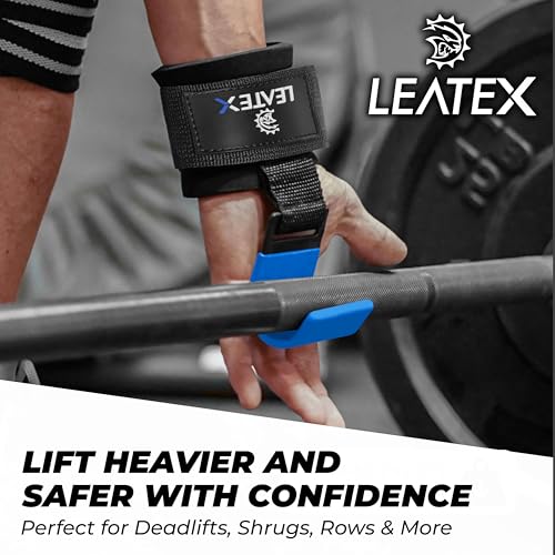 Weight Lifting Hooks (Pair) for Deadlifts, Pull Ups, Rows & Shrugs - Anti-Rip Nylon Strap Hand Grips with Thick Wrist Padding - Heavy Duty Wrist Straps for Weightlifting & Gym Workouts - color: Blue Black