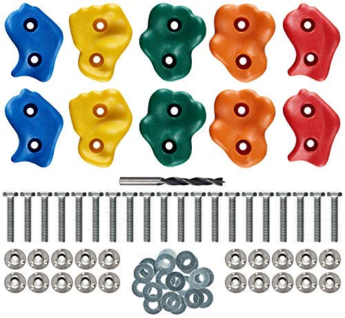 10 Assorted Deluxe Rock Climbing Holds for Kids :: Outdoor Climbing Stones Kit with 20 Swing Safe Fasteners + Drill Bit :: Easy to Install on Lumber from 3/4" to 1.25" Thick - style: 10 Rocks
