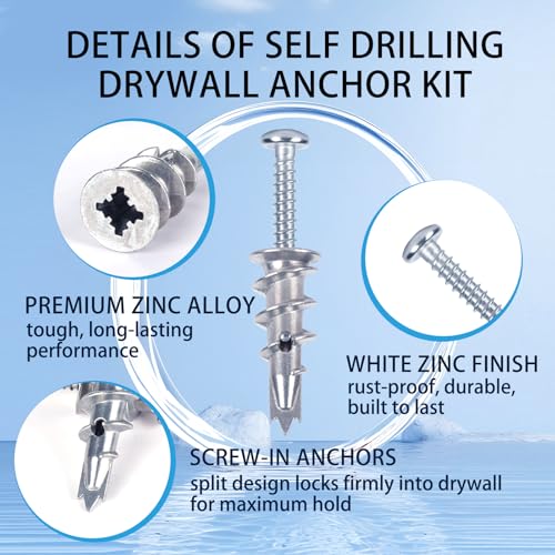 Metal Self Drilling Drywall Anchors, 101PCS Hollow Wall Anchors and Screws Kit, with Specialized Bit, Heavy Duty Sheetrock Anchors + #8×1-3/8 Screws, Easy for Wall, Shelve, Hanging and Mounting