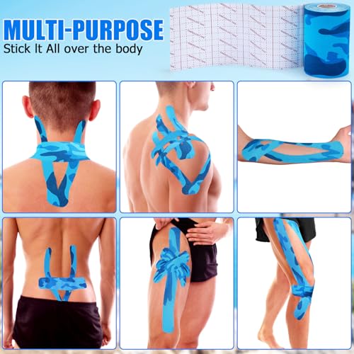 Wide Kinesiology Tape, 3 Pack, 4in x 5.5yd, Waterproof Blue Camo | Waterproof & Sweat-Resistant, Breathable Latex-Free Cotton, For Shoulder, Knee, Fit Sports, Workouts & Active Training - color: Blue 4in