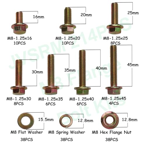 214pcs Grade 10.9 Metric Flange Bolts Assortment Kit, M8x1.25 Bolts (16-45mm), Metric Bolts and Nuts Assortment, Hex Bolt and Nut Washers Kit, Yellow Zinc Plated - size: 214PCS Metric Flange Bolt Kit M8, Grade 10.9
