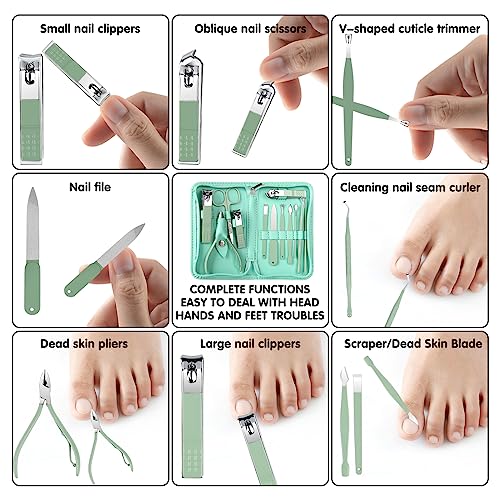 Nail Kit, Manicure Kit, Nail Care Kit for Women, Manicure Pedicure Set, Nail Clippers Toenail Clippers Kit, Professional Manicure Kit Pedicure Kit, Green Travel Case, Set of 12. - color: Green