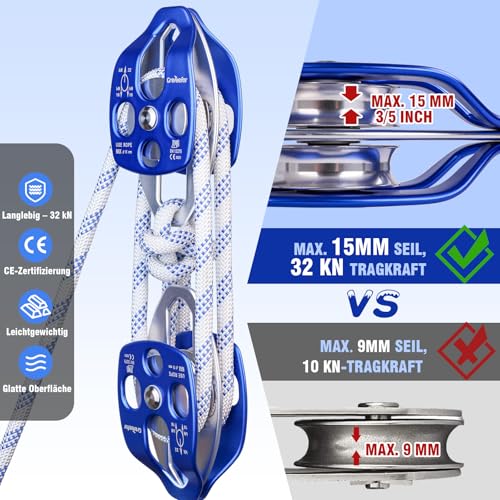 Double Block and Tackle Pulley System with 250Ft x 2/5'' Rope Pulley 6700 LB(30KN) Breaking Strength, 4:1 Lifting Power Sheave Pulley Hoist System for Garage, Attic Heavy Lifting - size: 2/5" x 250ft