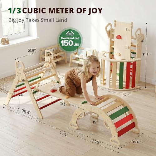 BlueWood Pikler Triangle Set, Toddler Climbing Toys Indoor 7in1 Foldable | Wooden Climber for Kids, Montessori Philosophy Play Jungle Gym with Arch, Ramp, Ladder (Warm Winter Christmas) - color: Warm Winter Christmas