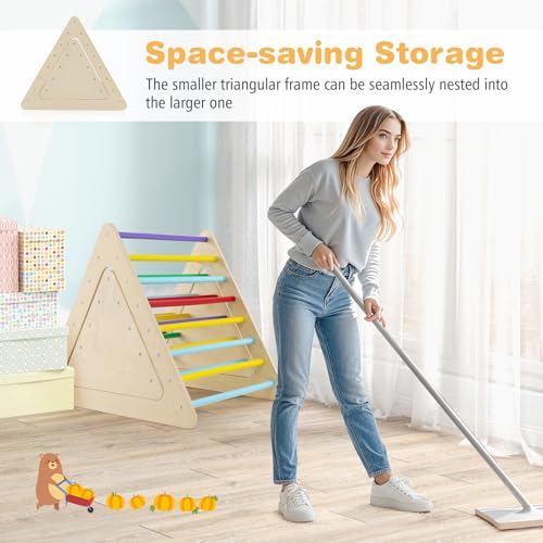 HONEY JOY Pikler Triangle Set, 5 in 1 Montessori Wooden Triangle Climber w/ 2 Stackable Ladders & Climbing Ramp, 3-Piece Baby Indoor Playground Jungle Gym, Climbing Toy for Toddlers, Colorful - style: 5 In 1 Yellow