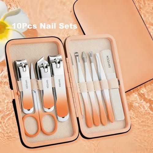 Manicure Set, 10 pcs High-Carbon Steel Nail Clippers Set, Portable Mini Manicure and Pedicure Kit, Travel Grooming Nail Kit with Leather Bag for Men and Women - color: Orange