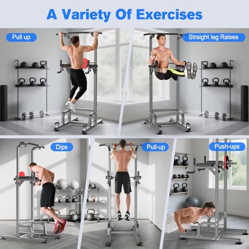 RELIFE REBUILD YOUR LIFE Power Tower Pull Up Bar Station Workout Dip Station for Home Gym Strength Training Fitness Equipment - color: Silver