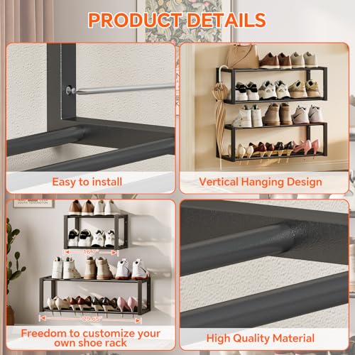 Homeiju Hanging Shoe Organizer,2 Pack Wall Mounted Shoe Rack Holds 12 Pairs,Space Saving Metal Wall Shoe Rack,Hanging Shoe Rack Shoe Holder for Small Space,Entryway,Closet,RV,Camper（Black - color: Black