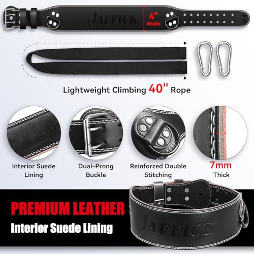Jaffick Leather Weight lifting belt & 2-in-1 Dip Belt with Rope for Weightlifting Pull Up Gym Powerlifting Squat Bodybuilding Waist Support for Men Women - size: XL