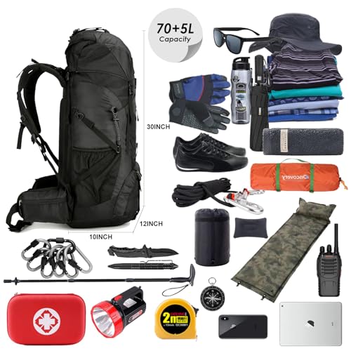 75L Hiking Backpack with Rain Cover Waterproof Camping Backpack Shoes Warehouse for Men Women, Frameless - color: Black, size: 75L