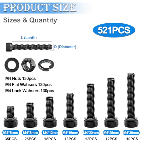 mxuteuk 521PCS M4 Screws Assortment Kit,M4×6/8/12/16/20/30mm 6 Size Hex Socket Head Cap Bolts, Nuts & Washers Set,12.9 Grade Alloy Steel Black Zinc M4 Bolts for Mechanical, Repair & DIY
