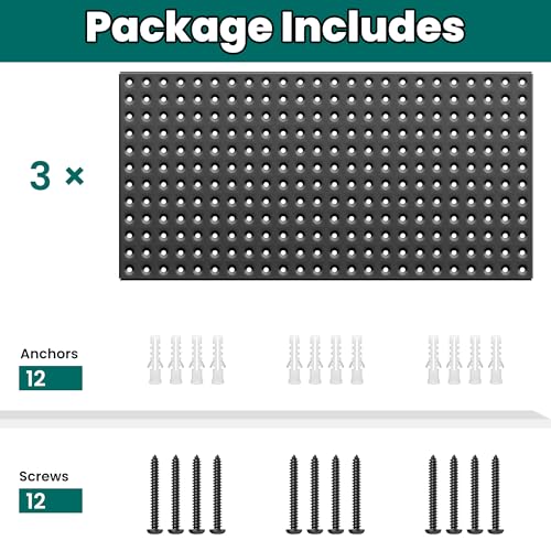 EVERHANGER Metal Pegboard Panels 24" x 12", Heavy Duty Steel Peg Boards for Garage, Pegboard Wall Organizer for Tool Storage and Organization, Black, 3 Pack - size: 3 Pack 24" x 12"