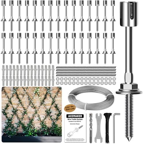 Wire Trellis Kit, 30-Set 5/64”(2mm) Crosshead Kit with 150ft Cable | T316 Marine Grade Stainless Steel, Wall-Mounted Cable Trellis for Climbing Plants Outdoor, Garden Fence Espalier System - size: 30 Sets
