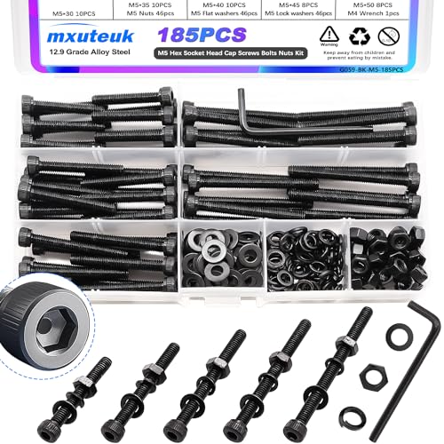 mxuteuk 185PCS M5 Screws Assortment Set, M5 Hex Socket Head Cap Screws Bolts Nuts Kit, 12.9 Grade Alloy Steel Bolts with Hex Wrench - size: 185PCS M5 x 30/35/40/45/50mm, style: Hex Socket Head