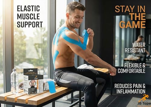 JB Tape Kinesiology Tape, 80 Precut Strips, Blue, Latex‑Free, 4 Rolls | Elastic, Latex-Free, Water Resistant, Athletic Muscle & Joint Support - color: Blue Pacific