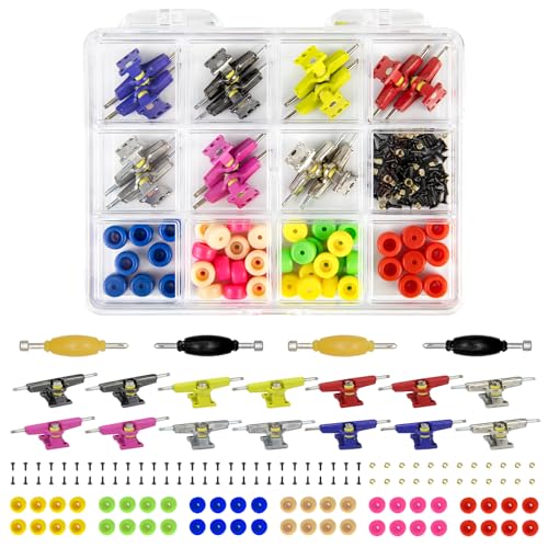 14Pcs Multicolour Trucks 48Pcs Wheels 60Pcs Screws & 30PCS Nuts & 4PCS Spanner Tool for 96mm Fingerboard Skateboard Wooden Deck Parts - color: Multicolour Trucks & Box