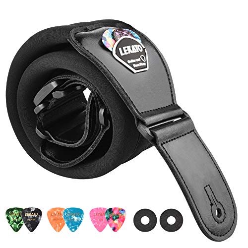 LEKATO Bass Guitar Straps for Electric Guitar & Bass 3" Wide Padded Straps Adjustable Length from 45" to 55" Bass Guitar Strap with Pick Holder 2 Safety Strap Locks & 6 Picks - color: Black, size: Regular(45"-55")