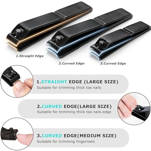 Heavy Duty Nail Clippers Set, Straight & Curved Edge, 3PCS Black | Large 3.15Inch, Fingernail and Toenail Clippers for Thick Nails, with Nail File ,Nail Trimmer for Men Women Seniors Adults - color: Black
