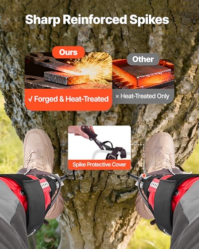 VEVOR Tree Climbing Spikes Set, 1 Pair Height-Adjustable Climbing Spurs with Security Harness and Utility Rope, 350lbs Load Capacity Tree Climbing Gear, Arborist Equipment for Climbers, Fruit Picking - color: Red