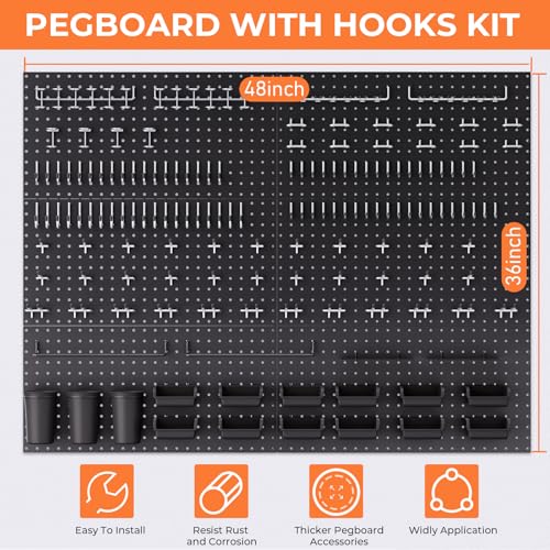 INCLY 48x36 Inch Metal Peg Board Kit 1/4" Pegboard Hooks Accessories | 6PCS Peg Board Panels, 234PCS Pegboard Accessories, Black Pegboard Wall Organizer, Tool Storage System for Garage Workbench - size: 48x36 Inch