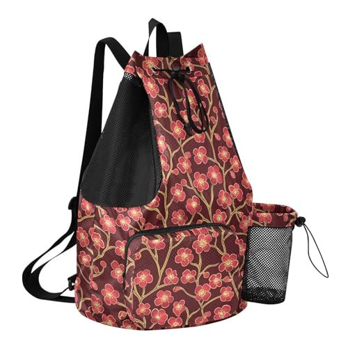 Draw String Back Bag Climbing Gym Bag With Pockets Pull String Bag Waterproof Cherry Blossom Red Brown