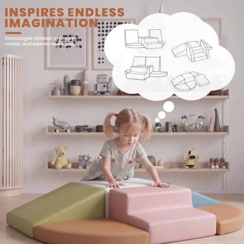 Hoohtoot Soft Foam Climbing Blocks for Toddlers: 6-Piece Macaron Color Play Set - Indoor PU Leather Climbing Toys - Baby Crawling and Activity Gym - style: Ivory/Pink