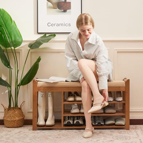 PETKABOO Hall Tree with Bench and Shoe Storage, Coat Rack Shoe Bench Set with Seat Cushion and 6 Hooks for Entryway, Hallway, Living Room and Bedroom - color: Brown, style: 39 in with hook