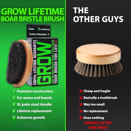 GROW Beard Brush & 360 Wave Brush for Men - Natural Boar Bristle For Fuller, Thicker Hair, Beard & Mustache - Premium Full-Size to Exfoliate, Strengthen Hair, Stimulate & Boost Growth - size: XL Brush